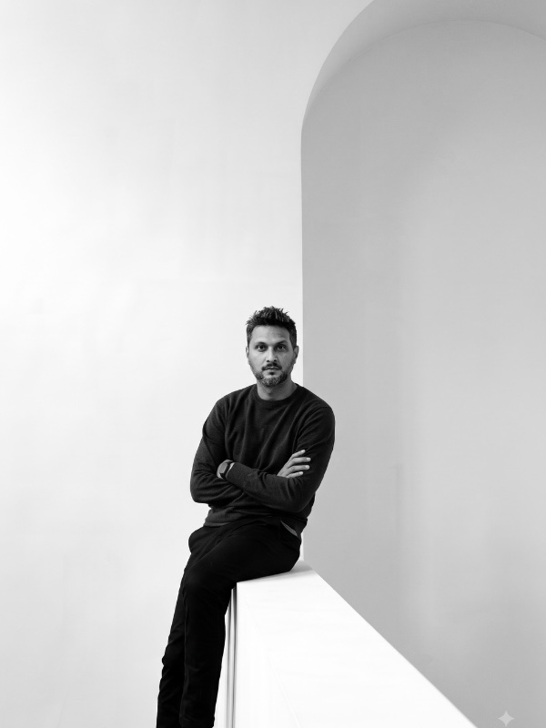 Adip Nayak, seated against a curved white wall