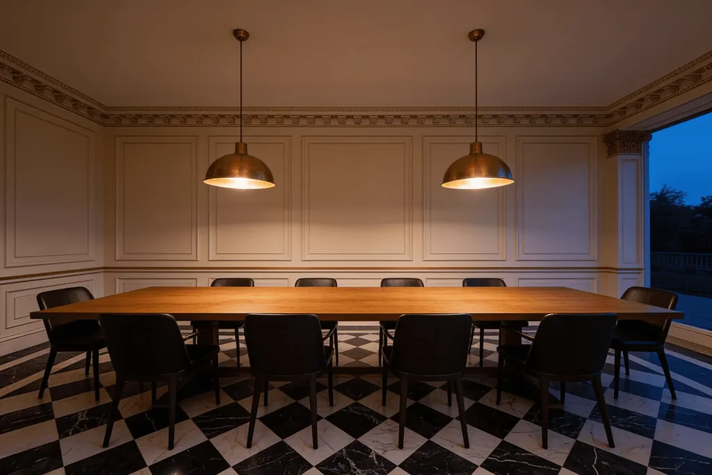 Placeholder: a long dark wood table under pendant lights in a panelled room