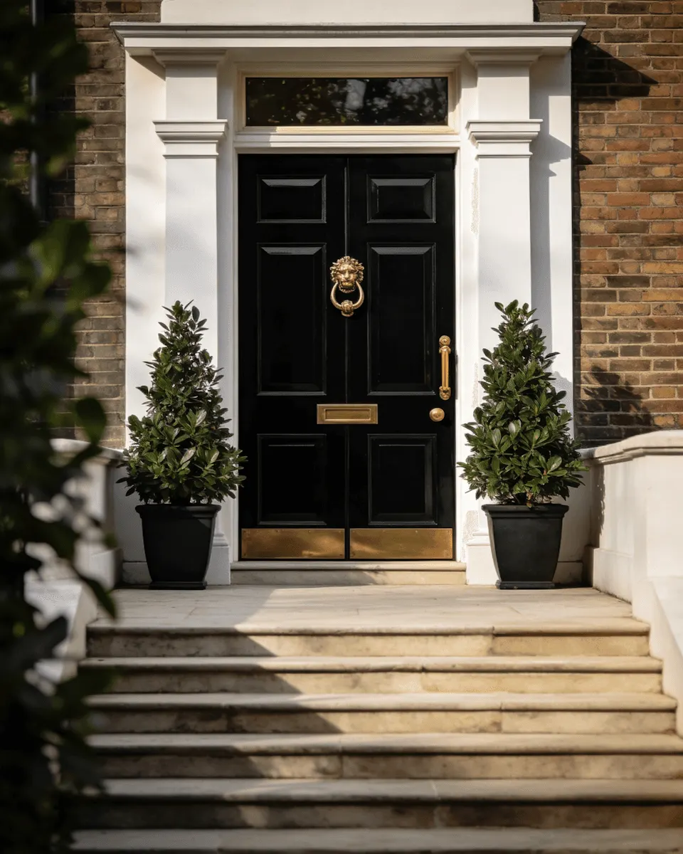 Placeholder: a black panelled front door with a brass knocker and letterplate, topiary either side