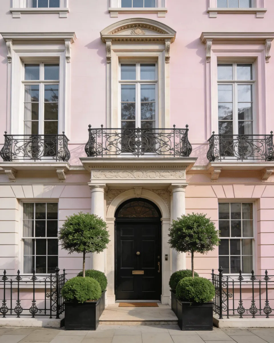 a pale building front with a first floor balcony