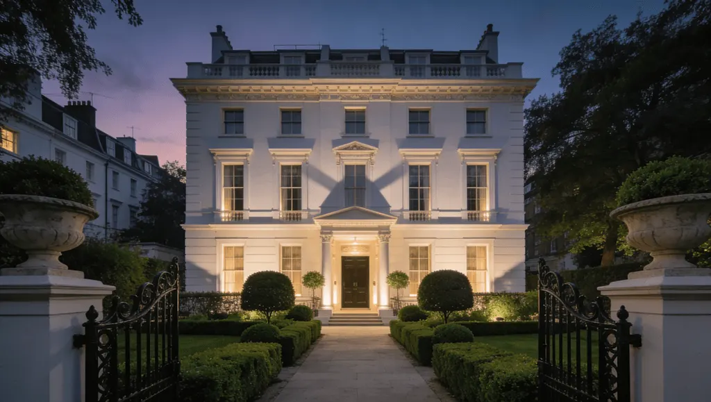 Placeholder: a large stucco house behind clipped hedges and iron railings at dusk